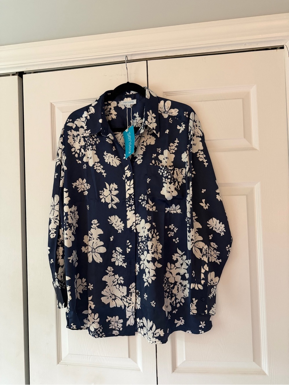 Navy Floral Button-Up Blouse
